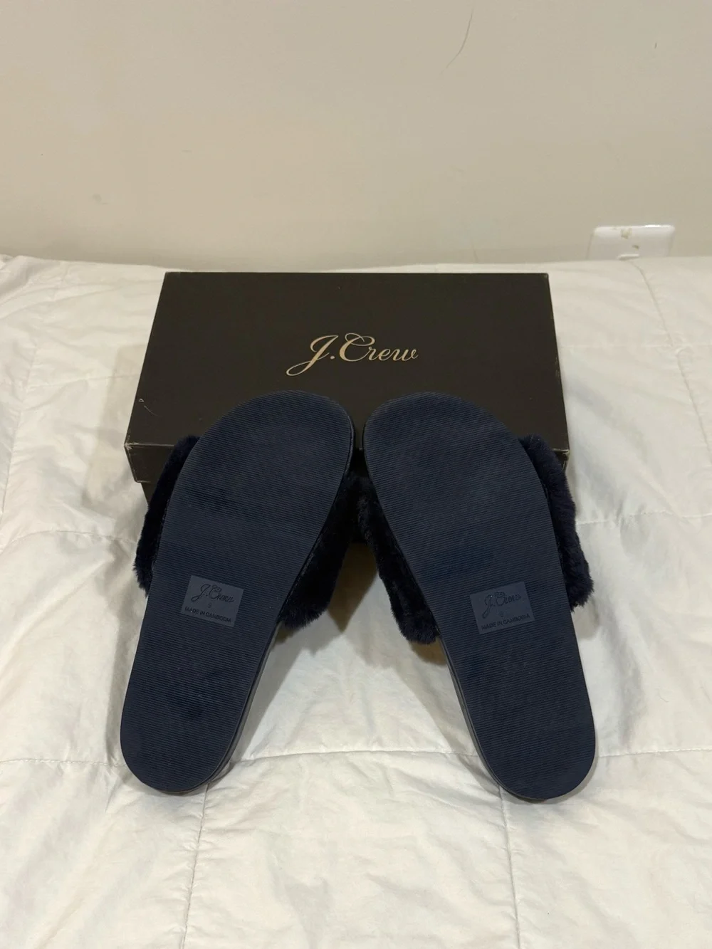 J. Crew Navy Pacific Fluffy Strap Faux Fur Slide Sandals BA189 Leather